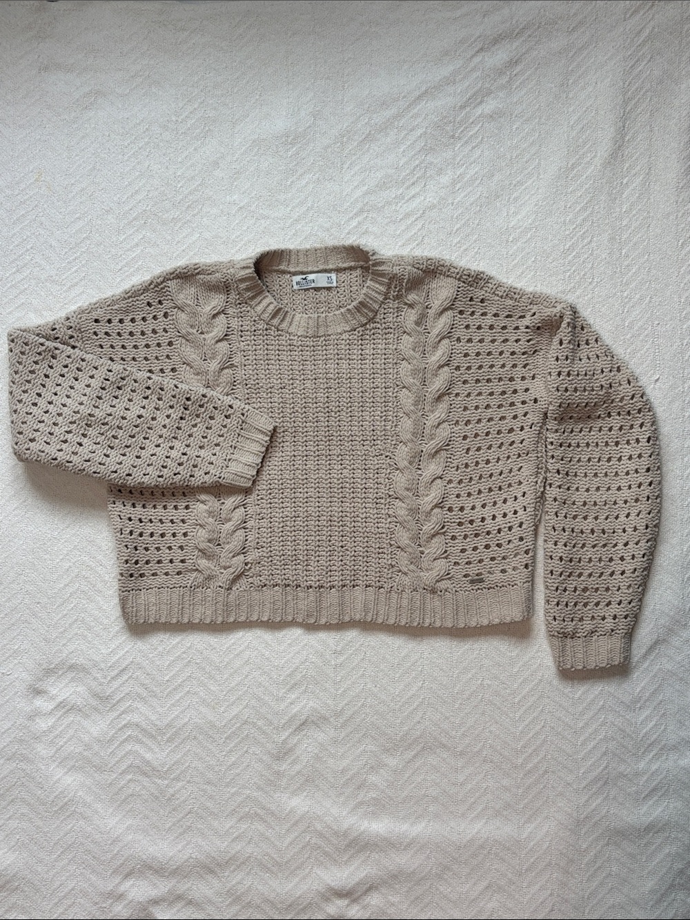 Hollister Coquette Cottagecore Open Stitch Cable Knit Sweater Crop XS Beige